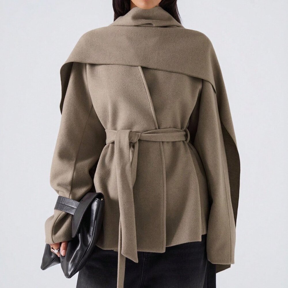 Khaki Elegant Women's Plus Size Cinched Waist Hooded Poncho Overcoat